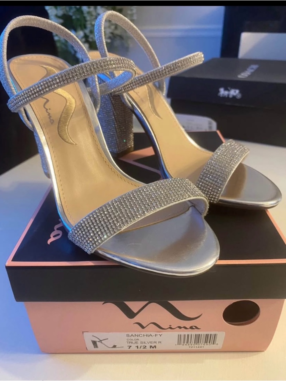 Nina Silver Crystal Strappy Block Heel Sandals